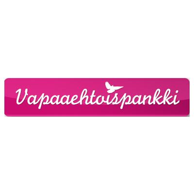 Suorakulmainen vaaleanpunainen logo jonka sisällä lukee vapaaehtoispankki.