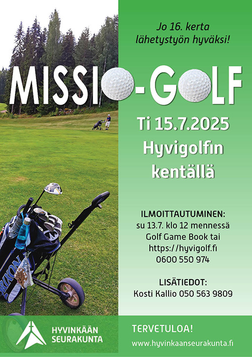 Missiogolf Hyvigolfin kentällä Golf-kärry mailoineen etualalla ja takana pienenä näkyy golfin pelaaja