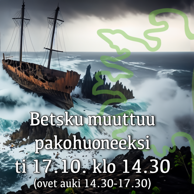 mainoskuva pakohuoneesta. Karille ajanut laiva ja myrskyinen meri.