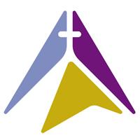 Hyvinkään seurakunnan logo valkoisella pohjalla. Logo tyylittelee Hyvinkään kirkkoa kolmessa eri värissä, kulta, sinen ja liila.